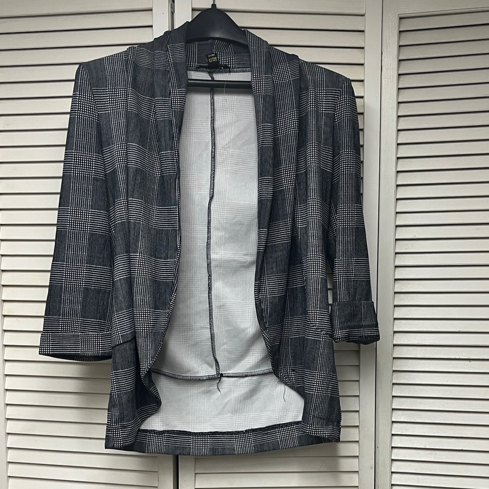 Revamped Black and Gray Windowpane Plaid Open-Front Blazer